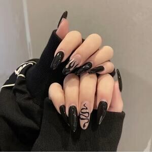 Black Beige Oval Press On Nails 25 Pc Set Medium Length Snake Flame Design +Glue